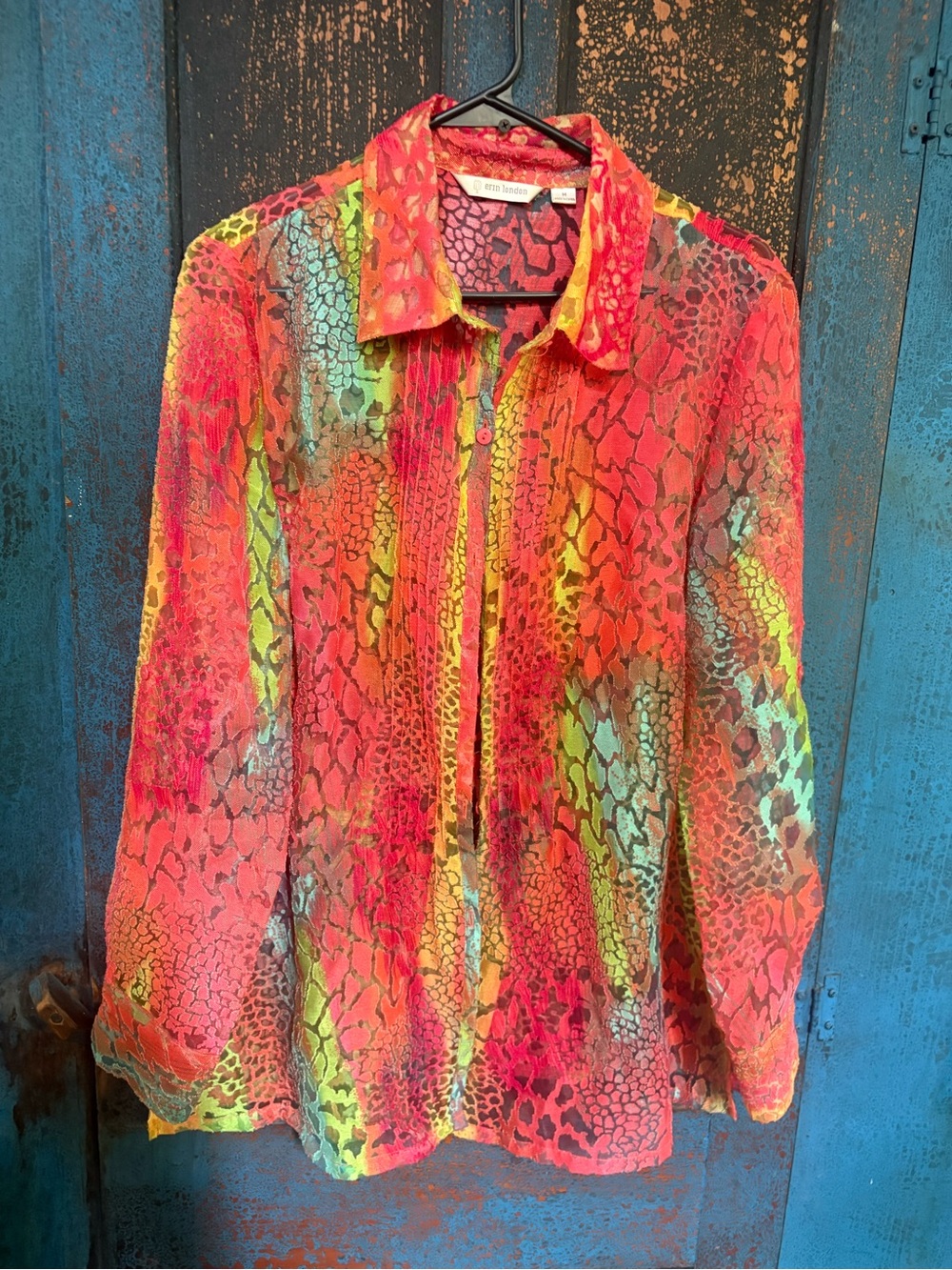 Erin London Colorful Boho Sheer Button Down Shirt Medium